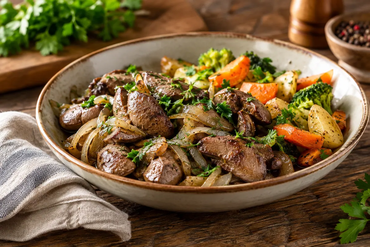 Illustrative cooked liver with onions and vegetables