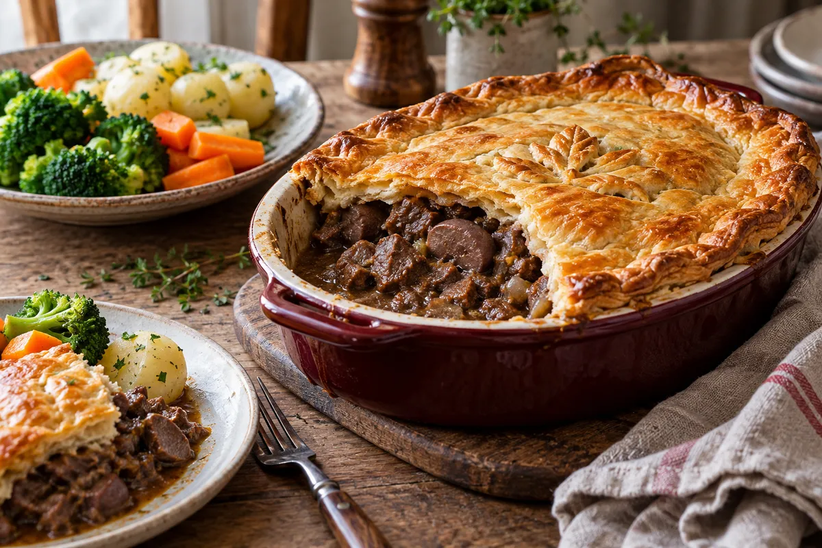 A cooked steak and kidney pie with vegetables