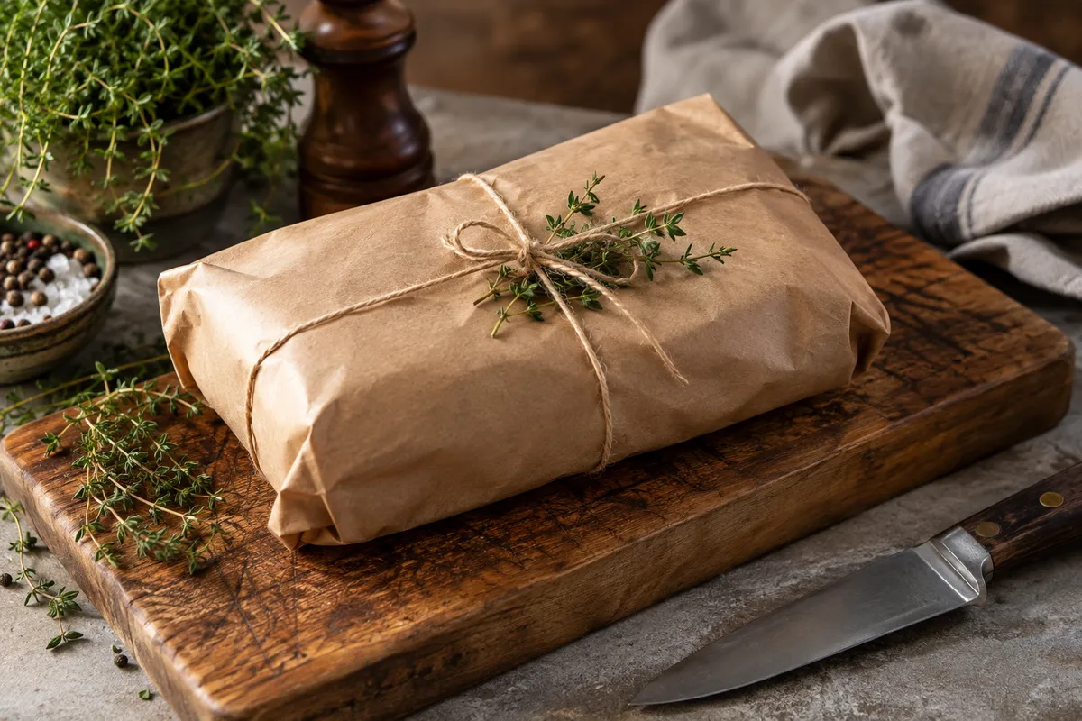 A wrapped butcher parcel on a clean chopping board