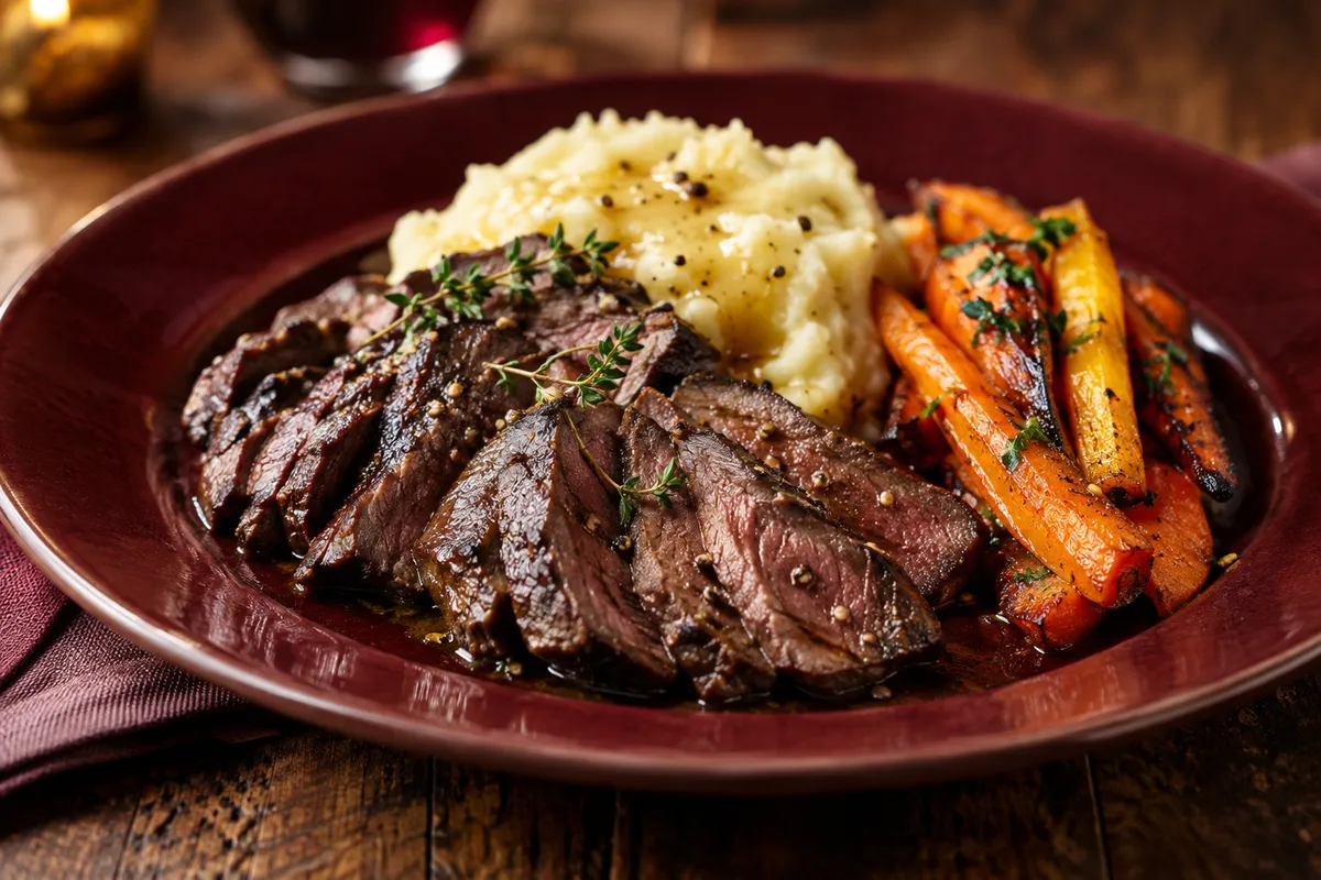 Cooked beef heart served with vegetables and mashed potato