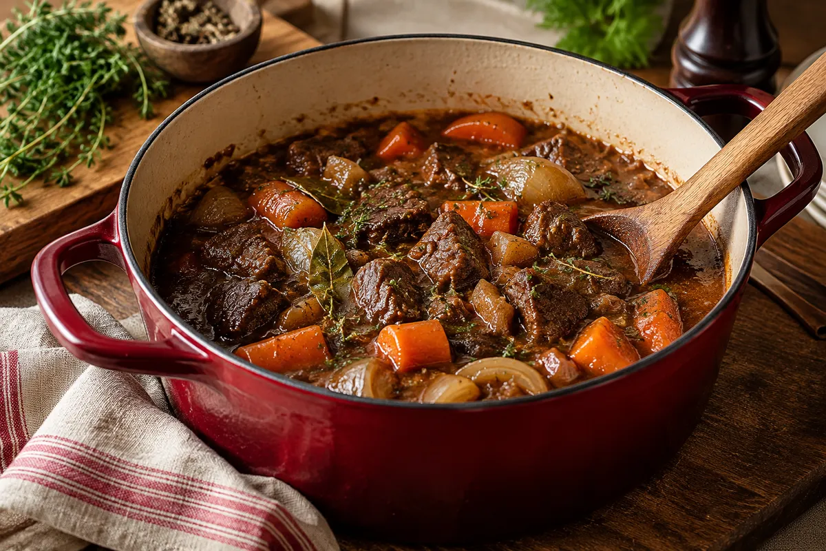 A cooked beef heart stew with carrots and onions